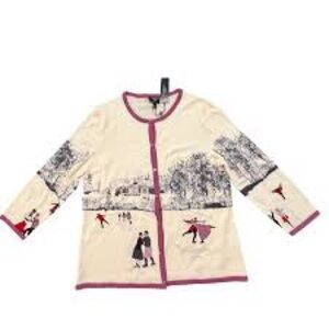 Talbots 100% Merino Wool Women’s Large Cardigan Sweater Skating Winter Scene